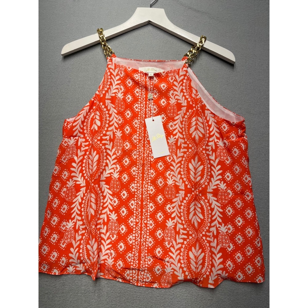 Lilly Pulitzer Joannah‎ Silk Top Flamingo Feather Harbour View Orange Chain Sz 6